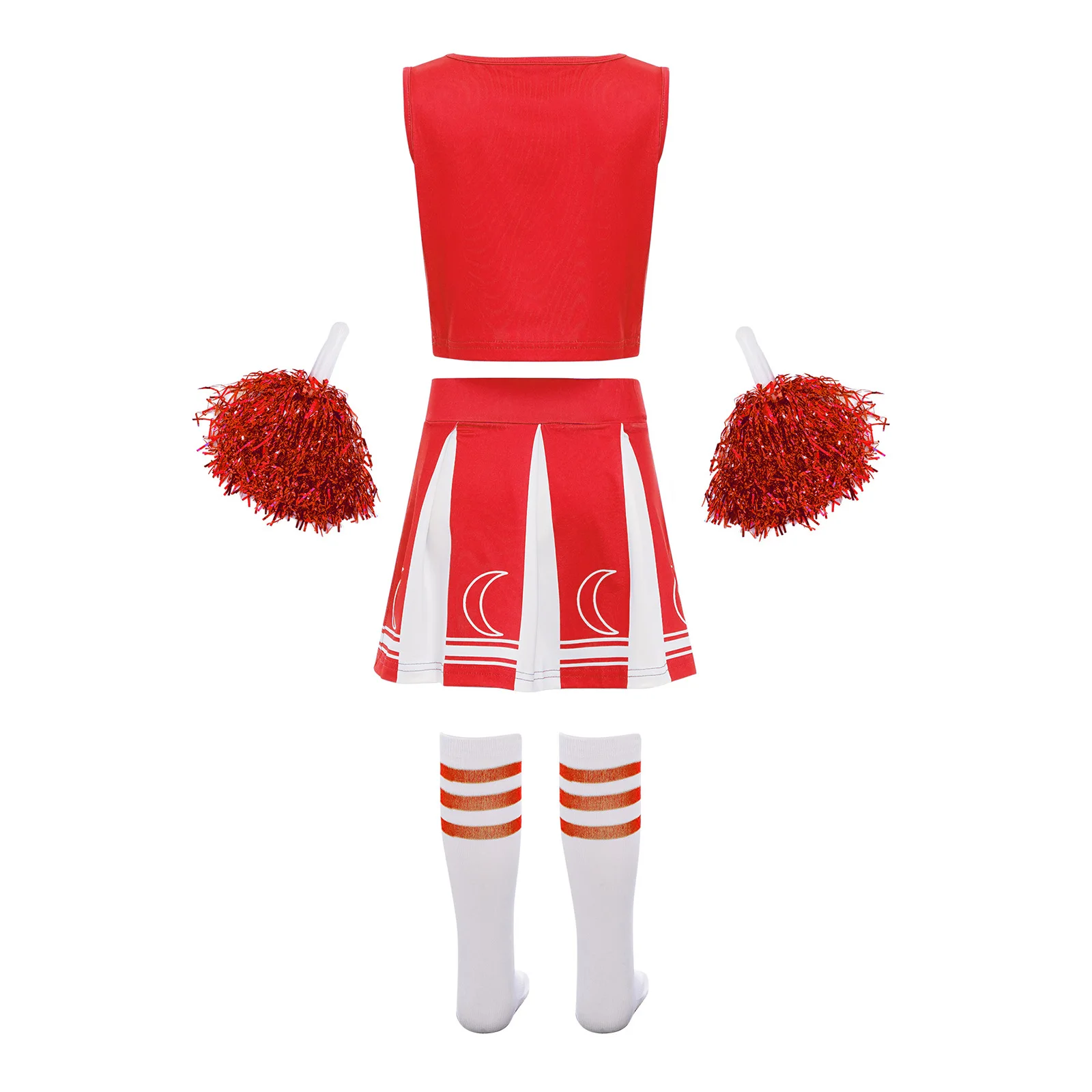 Kids Girls Cheerleading Uniform Dance Outfit Sleeveless Letter Print Crop Top+Pleated Skirt+2Pcs Flower Balls+1 Pair Socks 4Pcs