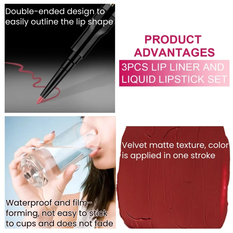 3-delige Zwarte En Rode Matte Lipliner En Vloeibare Lippenstift Set Voor Dames Langdurige Lippenstift 24 Uur Per Dag Waterdicht