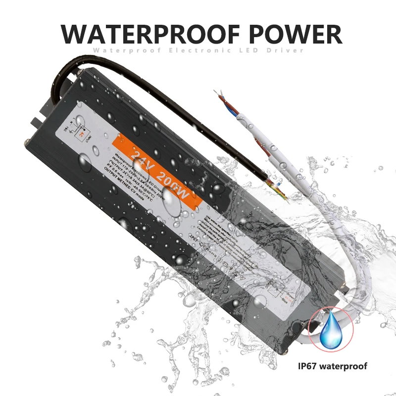 170-250V AC to DC 24V 200W 8.3A Lighting Transformer LED Drive Adapter Aluminum IP67 Outdoor Waterproof Switching Power Supply