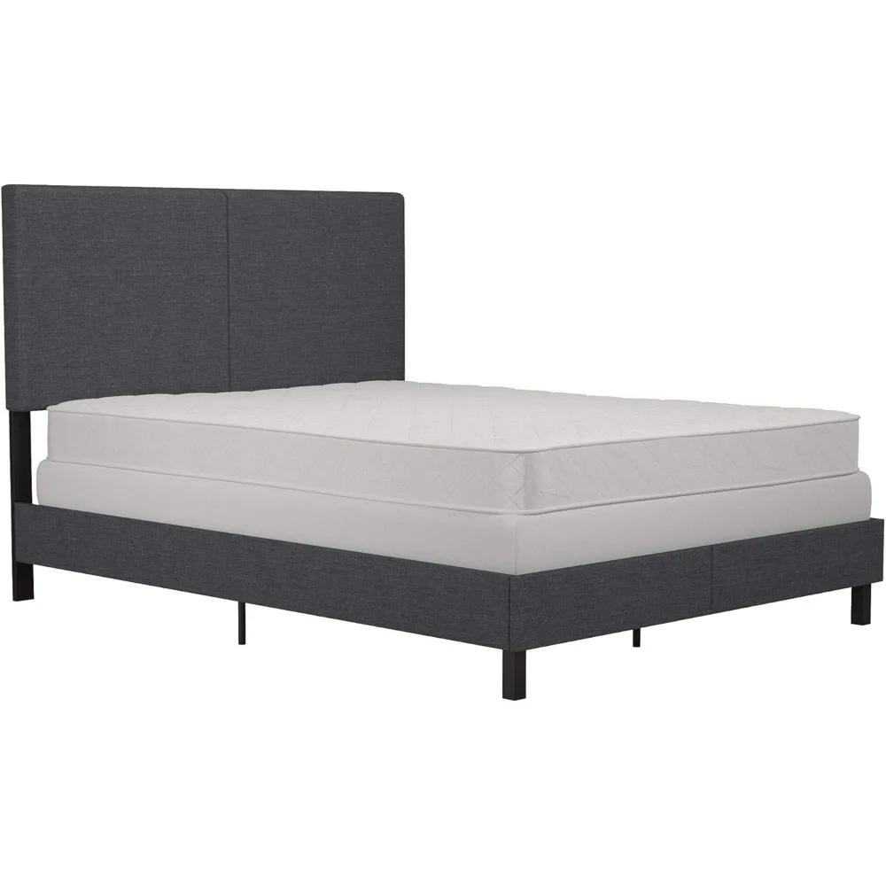 Janford Bed with Chic Upholstered Headboard, Queen, Grey Linen bedframe  beds frame queen