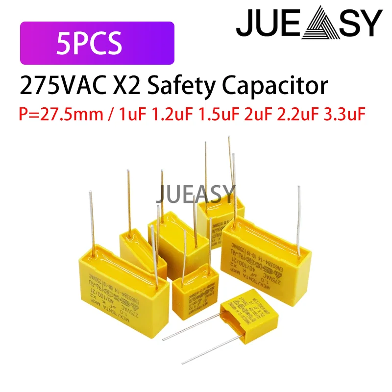

5PCS 275VAC X2 Safety capacitor P=27.5mm 275V 1uF 1.2uF 1.5uF 2uF 2.2uF 3.3uF Polypropylene film capacitor