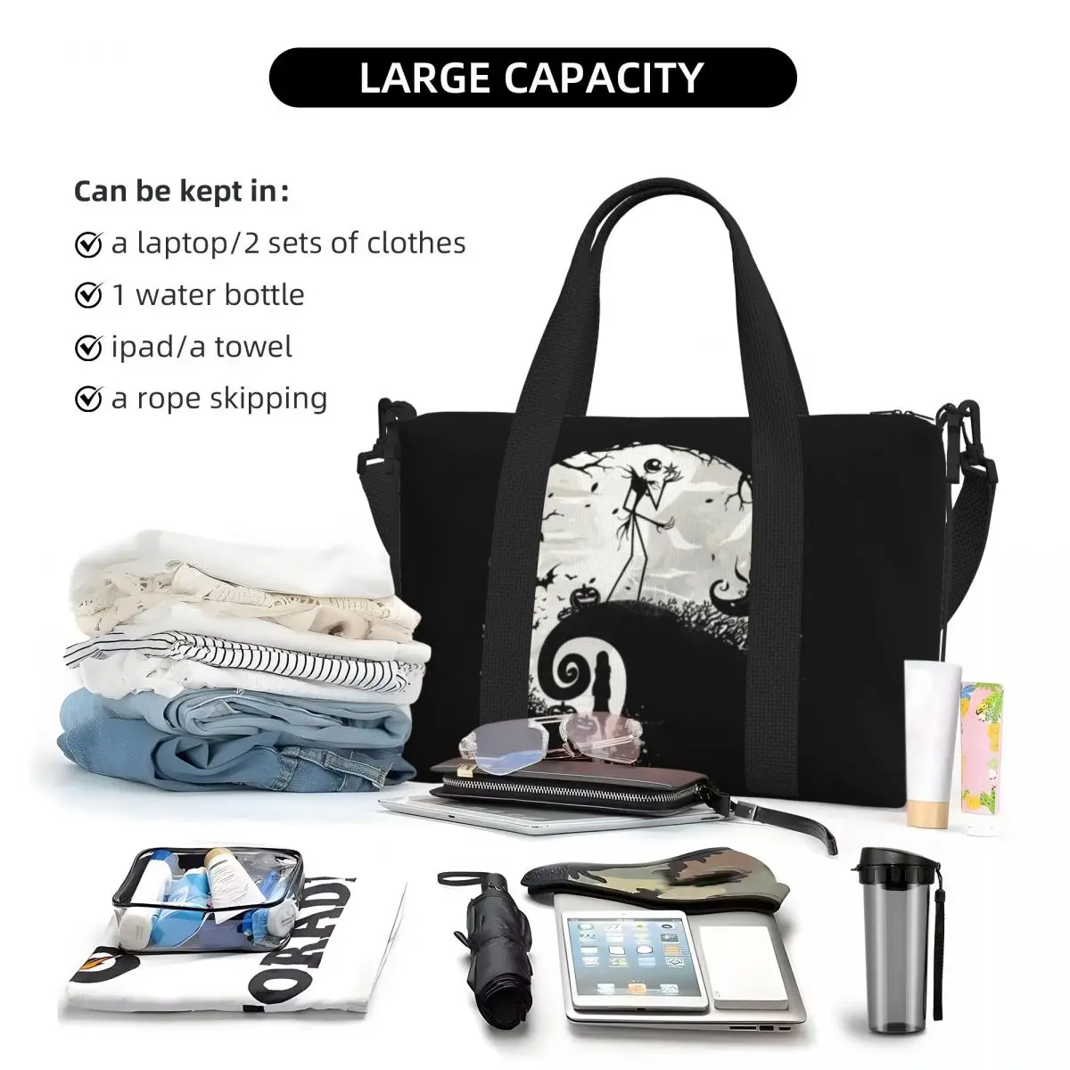 Custom Cartoon The Nightmare Before Christmas Tote Bag Women Large Capacity Jack Skellington Gym Beach Travel Bags