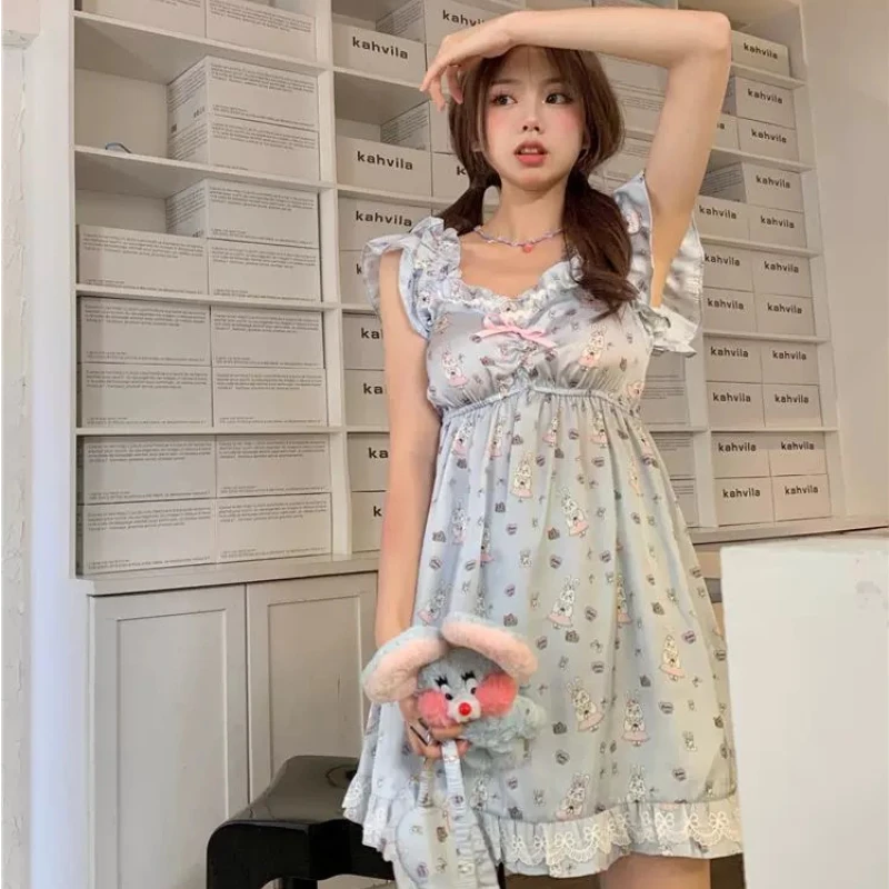 Japanses Sweet Princess Nightdress Women Cute Bow Bunny Print Sleepwear Homewear Clothes Vintage Nightgown Female Kawaii Pyjamas