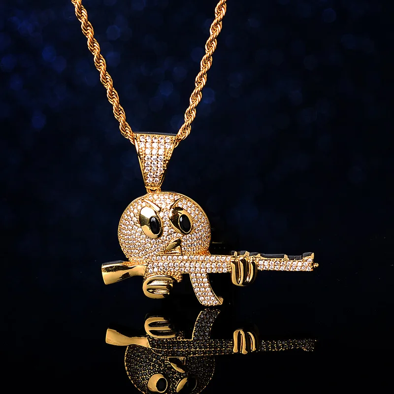 Hip-Hop Cartoon Round Face Gun Ak-47 Necklace Iced Out Pendant Gold Color Cubic Zirconia Men's Hip-Hop Rock Rap Jewelry