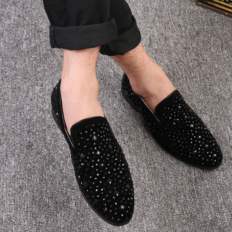 

2026Dress Shoes for Men Luxury Pointed Toe Black Loafers Denim Metal Sequins Shoes Fashion High Quality Men Party Wedding Shoes