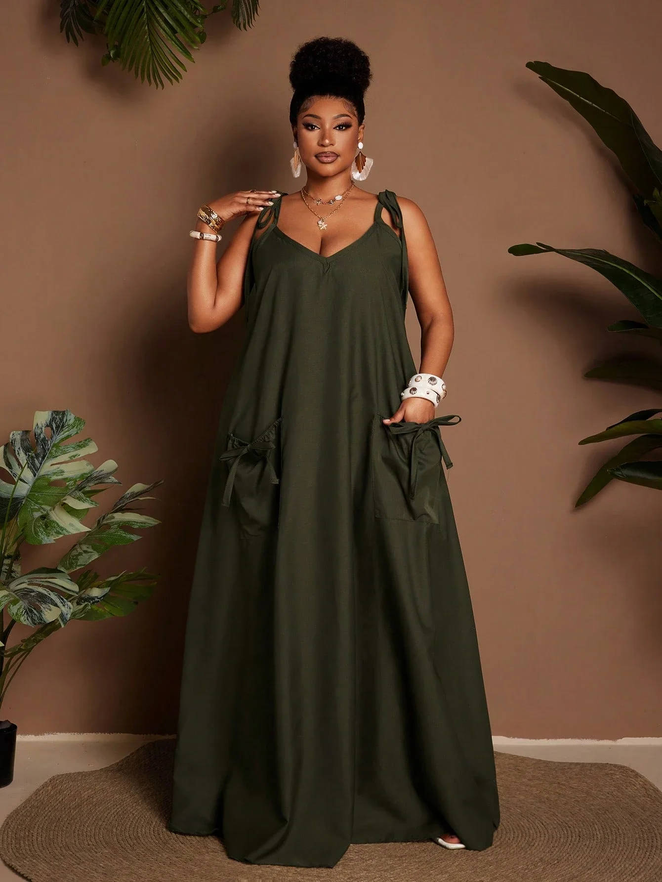 

Plus Size Green Sleeveless A-Line Dress Casual Beach Vacation Summer