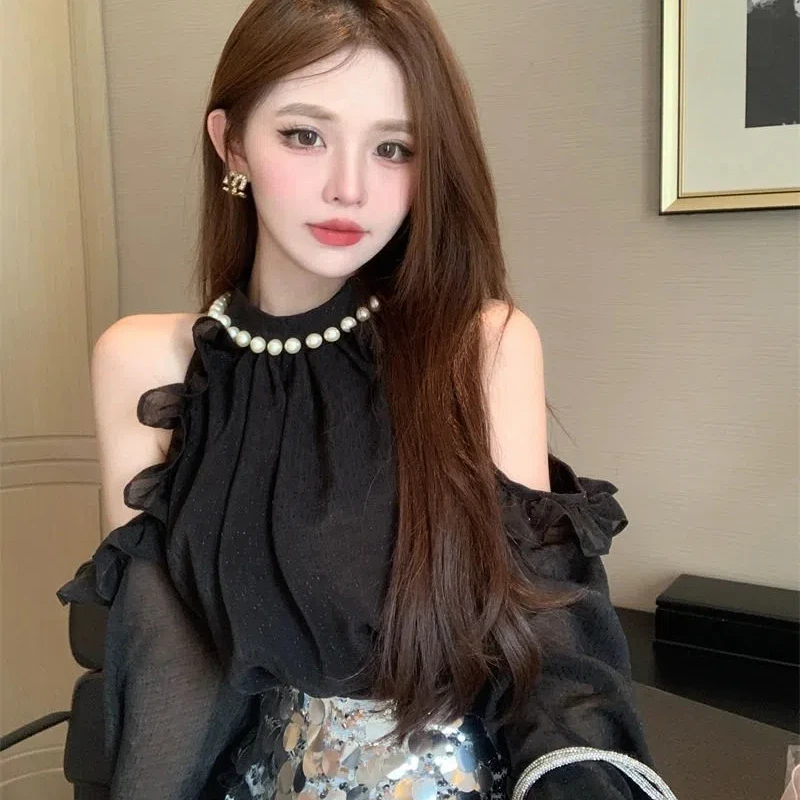 Korean Version Casual Outerwear Feminine Style Off Shoulder Chiffon Shirt Niche Spicy Girl Loose and Versatile Top