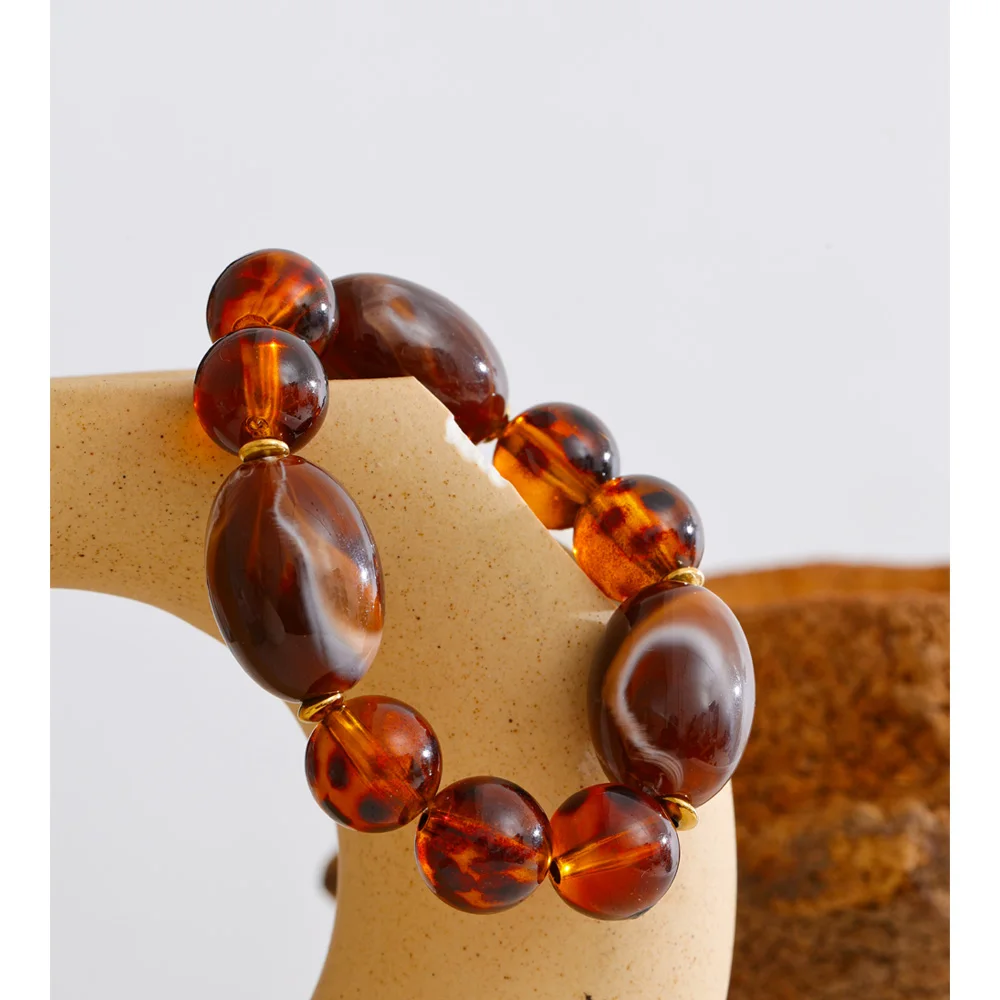 Yhpup New Arrivals Amber Acrylic Resin Round Beads Chain Handmade Bracelet Stainless Steel Stylish Unique Distinctive Jewelry
