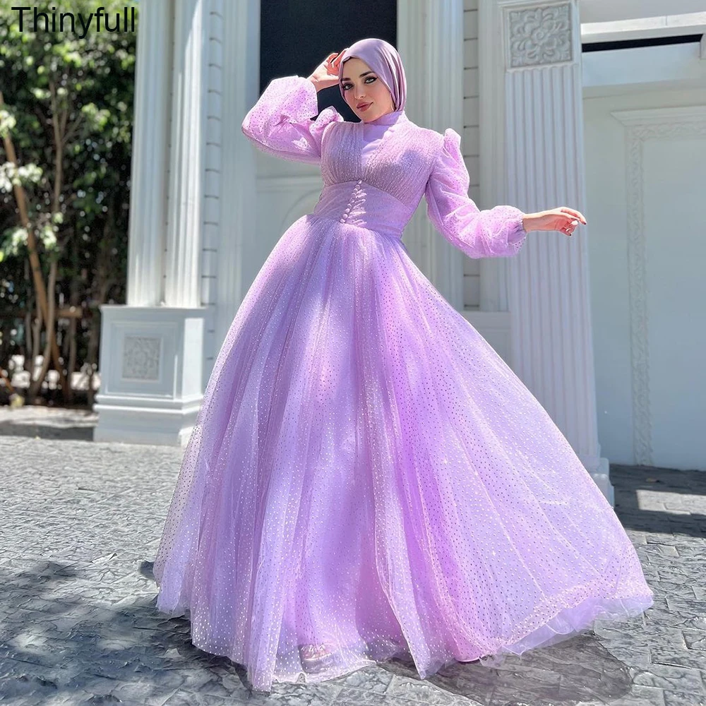 Thinyfull A-line Dotted Tulle Arabic Muslim Engagement Prom Dress High Neck Long Sleeves Evening Party Dress Long Formal Gown