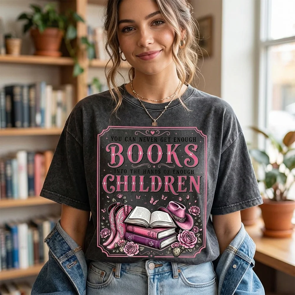 Women Book Lover Graphic Print Vintage Washed Short Sleeve T Shirt Crew Neck Casual Oversized Top Literary Fashion