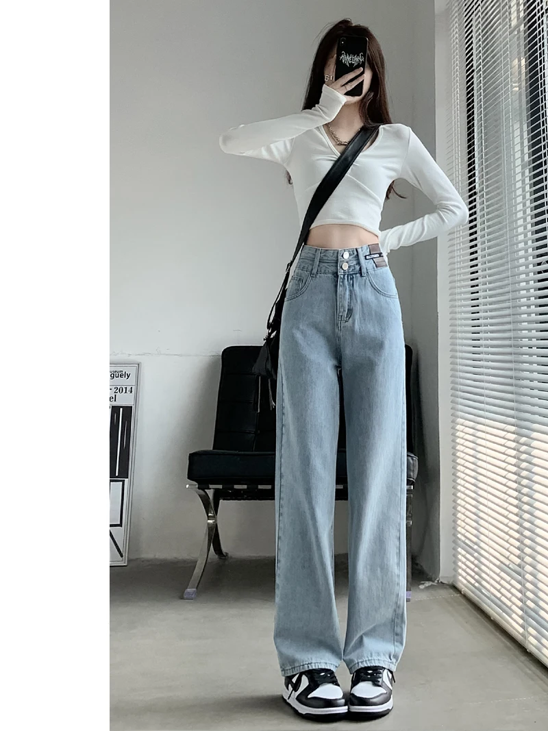 ライトウォッシュハイウエストストレートレッグジーンズ女性の春の新ルーズ痩身フロアレングスワイドレッグパンツズボン