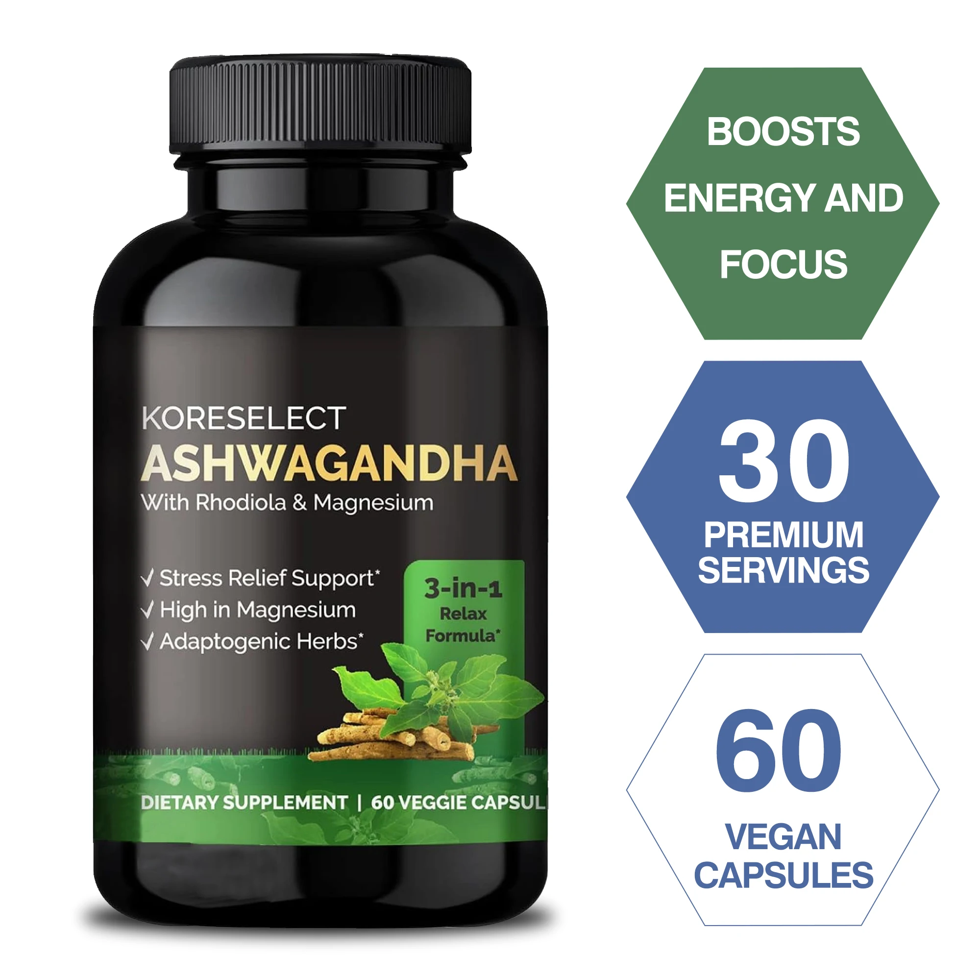 Ashwagandha Extract Capsules - For Stress Relief, Balance Mood, Promote Brain Development, Enhance Memory, Provide Energy