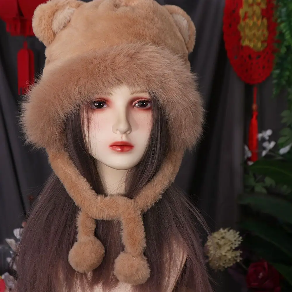 Gorro con orejas de oso coreano para mujer, gorro informal de felpa con forma de cubo de piel sintética, protección para los oídos, gorros cálidos y esponjosos para invierno