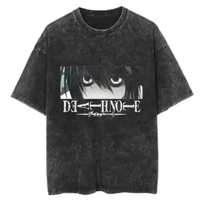 High Street Tops Harajuku Vintage Washed Death Note T Shirt Anime Graphic Printing Tops Cotton Y2k Oversized Streetwear Unisex