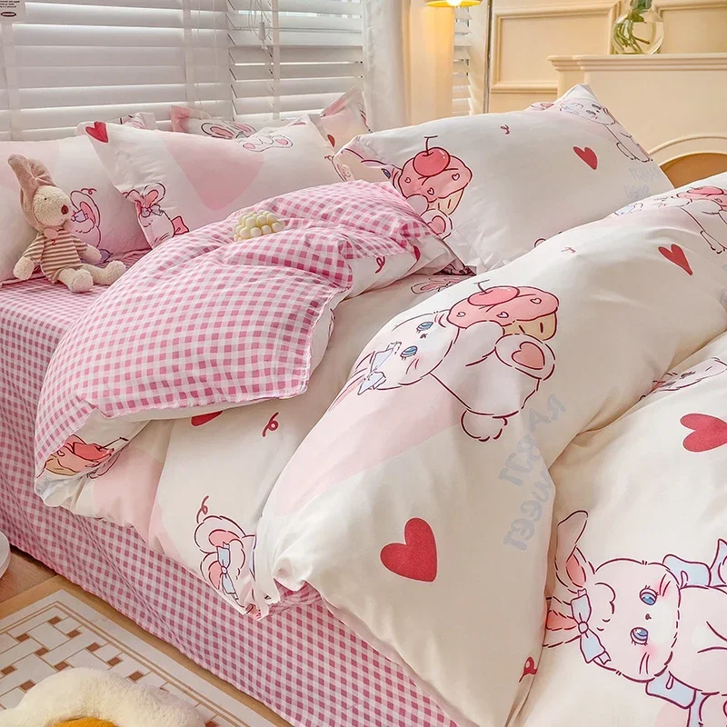 Cartoon Style Bed Sheet Set For Kids Cute Bunny Printed Bedding Set Breathable Durable постельное белье 이불세트 Queen/King Bedding