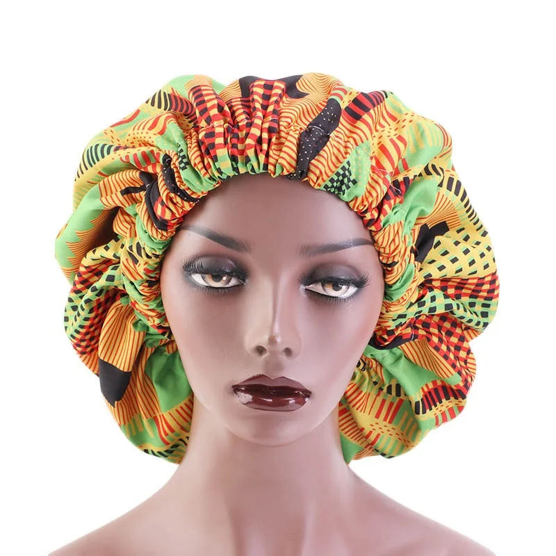 New African Pattern Print Adjustable Bonnet Women Day Night Sleep Cap Double Layer Satin Turban Extra Large Lady Head Wrap Hat