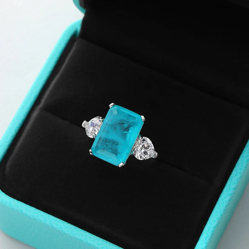 OEVAS 100% 925 Sterling Silver Paraiba Tourmaline Gemstone Rings For Women Sparkling High Carbon Diamond Wedding Fine Jewelry