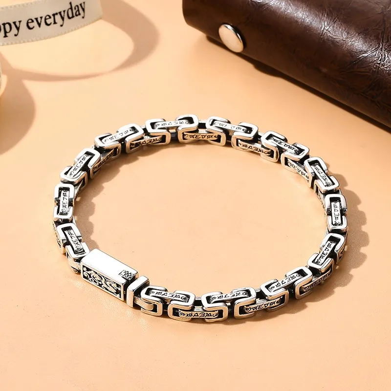 

Pure S925 Sterling Silver Chain Men Women 5mm Byzantine Link Bracelet Vintage Sutra Six Mantra Pixiu Bracelets 18cm/20cm