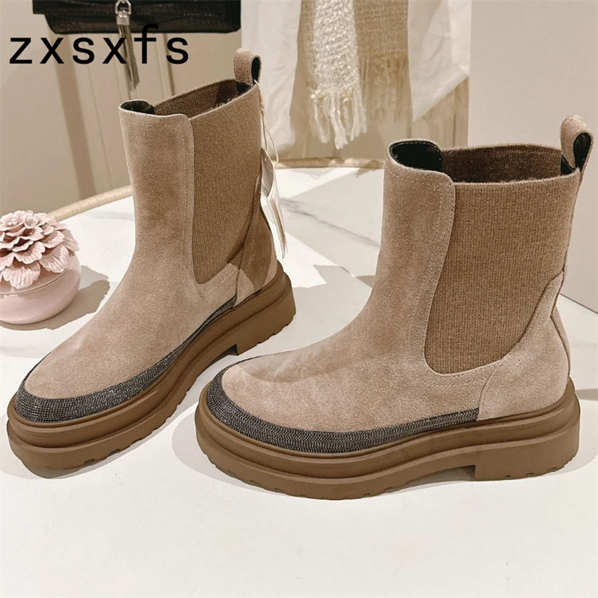 

Suede Leather Lace Up Chelsea Boots Platform Flat Mid Calf Short Boots For Women Shoes Autumn Flat Knight Boots Women