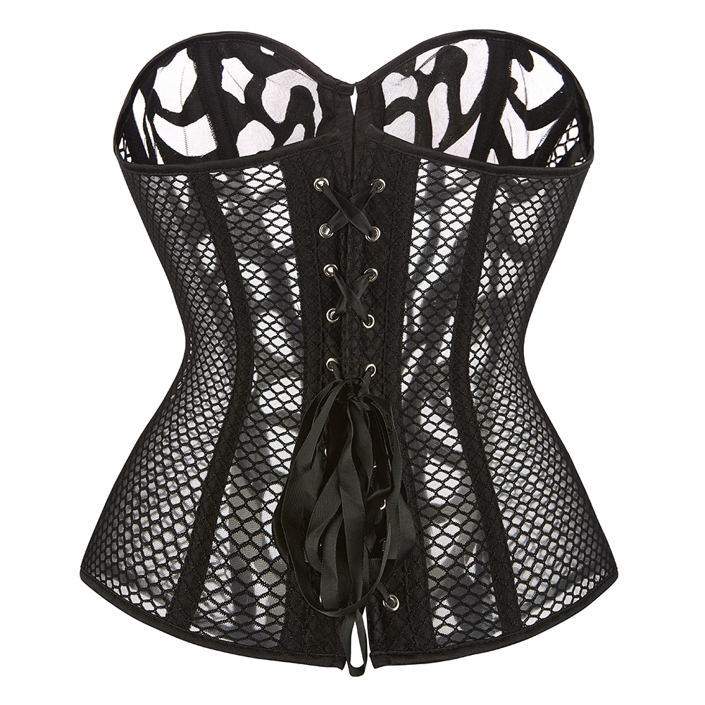 Breathable Mesh Corselet Hollow Out Overbust Corset Black White Waist Bustier Top Basques