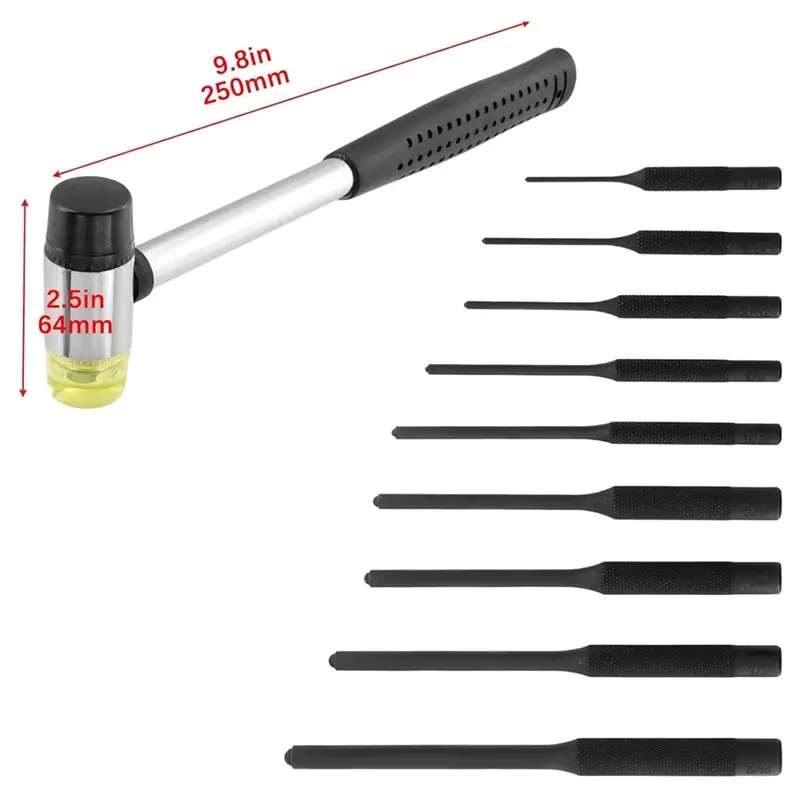 L60A Carbon Steel Pin Punch Set(9 Pcs), Including Brass& Steel Pin Punches, Punch Removing Repair Tools Hammer view 2