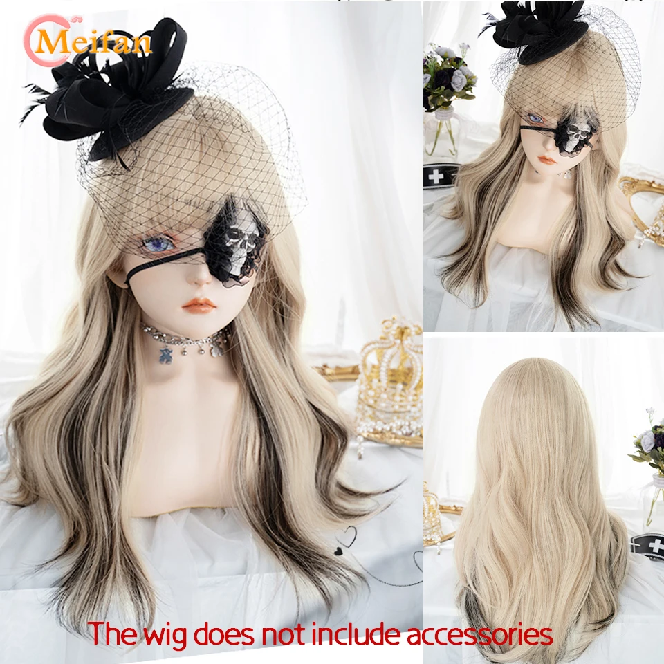 MEIFAN Synthetic Long Wave Curly Lolita Wig with Bangs Wig Girl Cute Ombre Pink Blue Green Cosplay Party Halloween Christmas Wig