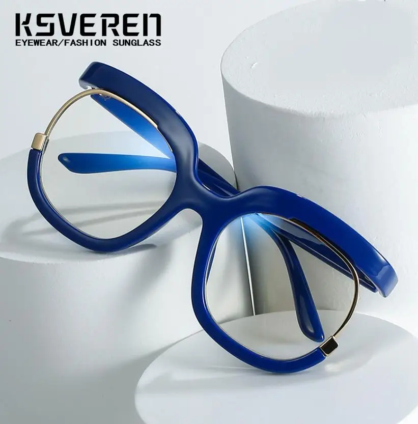 KSVEREN Round Blue Light Blocking Reading Glasses For Women Presbyopic Glasses Fashion Large Frame Optical Prescription Glasses