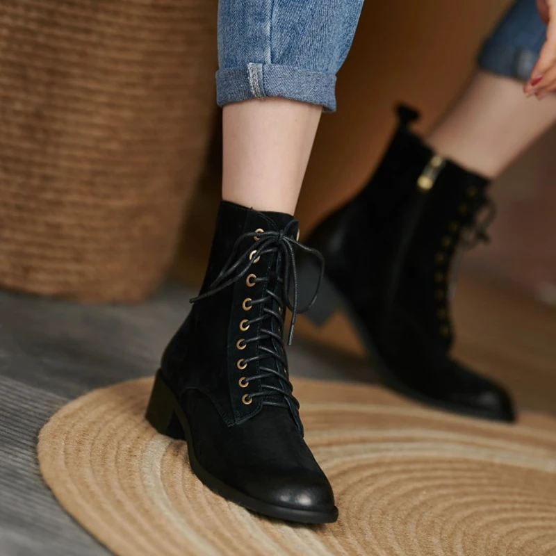 HOT SALES Fall Shoes Zipper Genuine Leather Boots Women Retro Lace Ankle Boots for Women Plus Size 42 Fashion Winter Boots Women