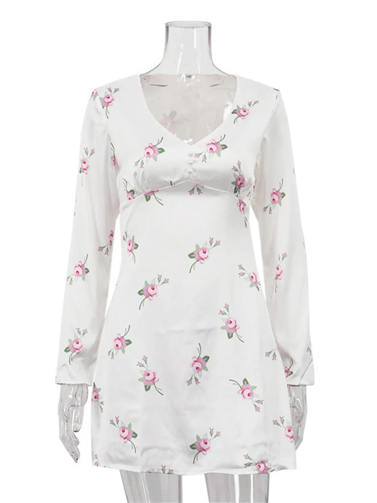 Tossy branco impresso com decote em v mini vestido feminino manga longa elegante contraste fino cetim commute vestido fino feminino vestido de festa 2025