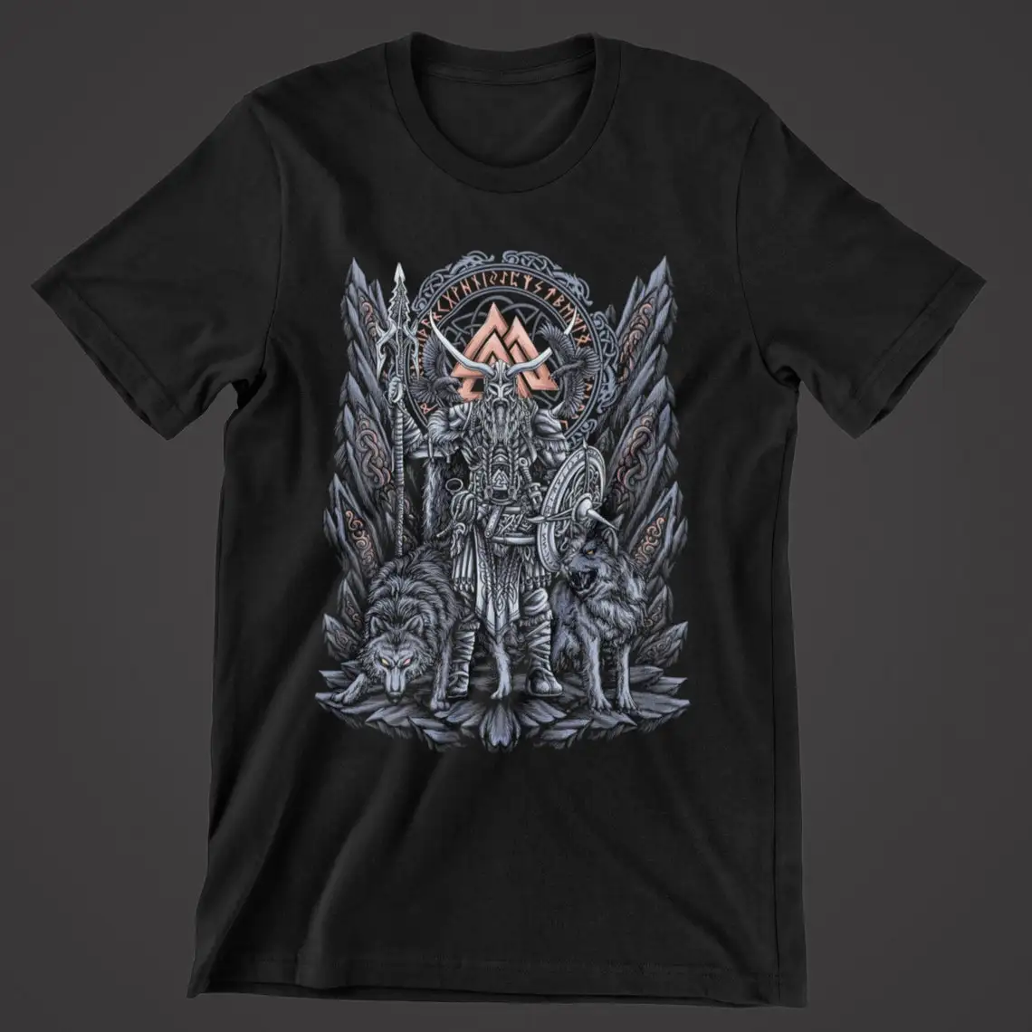 The Allfather Odin with Wolfs Nordic Warrior Pagan Myth T-Shirt 100% Cotton O-Neck Short Sleeve Casual Mens T-shirt Size S-3XL