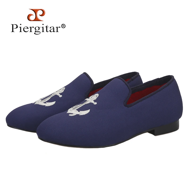 Piergitar Navy Canvas Children's Flat With Handmade Anchor Embroidery Kid Loafers Parent-Child Shoes Design Red Cotton Insole