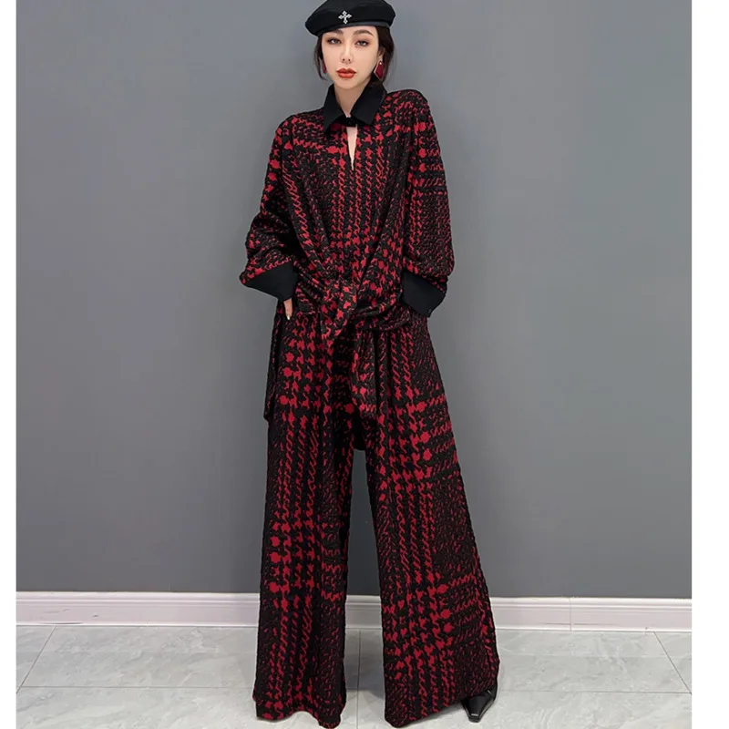 Vefadisa 2025 Spring Autumn Polo Collar Top + Elastic Waist Printing Woolen Cloth Wide Leg Pant Sets Black Red Women LHX3324