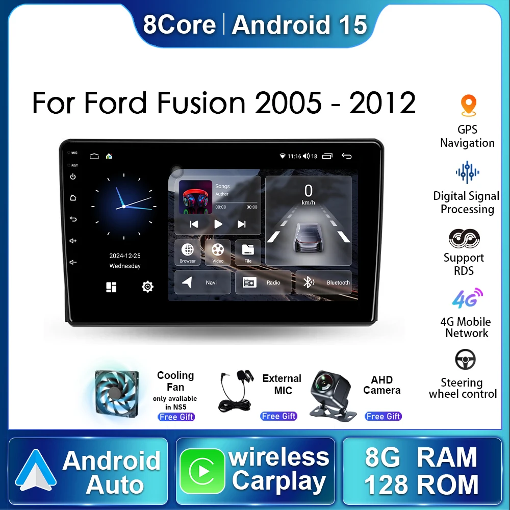 

Беспроводное автомобильное радио с CarPlay для Ford Fusion 2005-2012, Android 15, мультимедийный плеер, стереосистема, навигация GPS, 5G