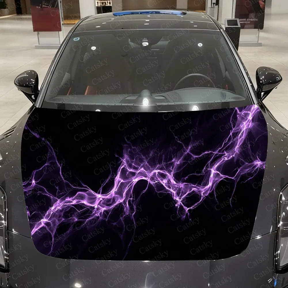 

Яркие фиолетовые молнии ПВХ наклейки на капот автомобиля, самоклеящаяся водонепроницаемая наклейка на капот автомобиля, защитная наклейка для украшения автомобиля
