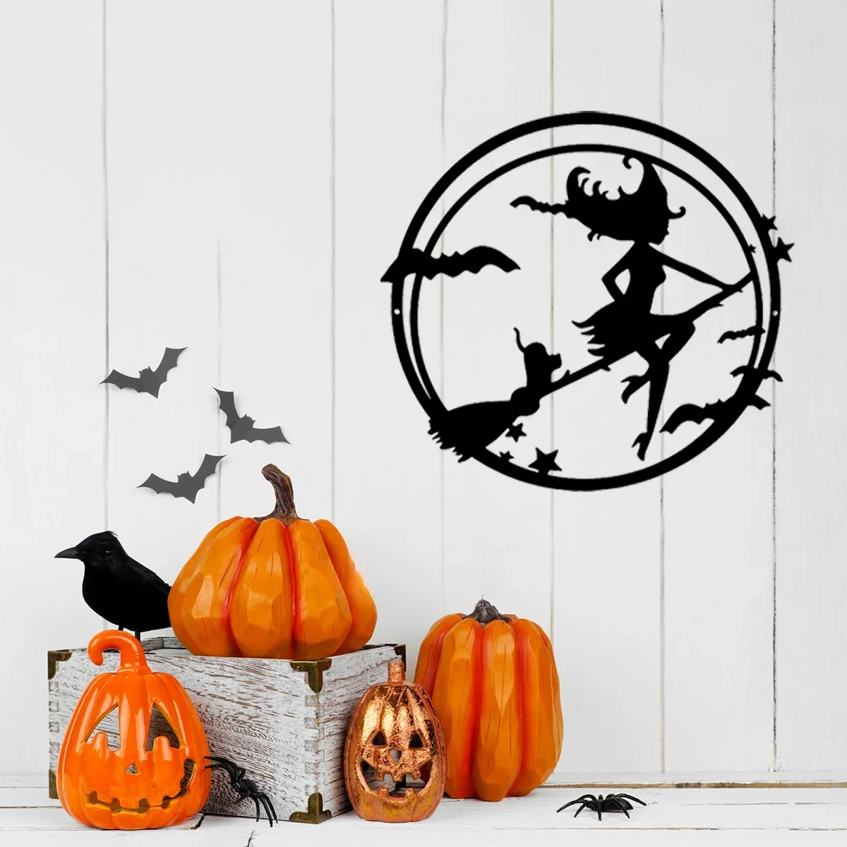 

Metal Wall Decoration: Alluring Halloween Witch, Cat, Bat, and Castle Pattern Frameless Pendant. Iron Art Wall Decoration