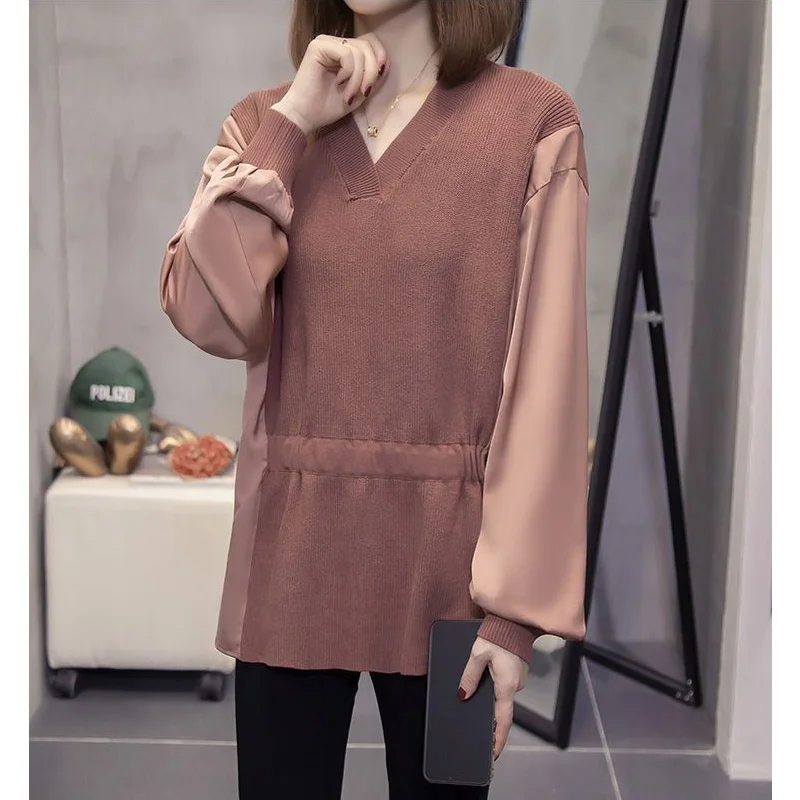 Fashion Loose Fake Two Piece T Shirt Tops Spring Autumn New Chiffon Patchwork Knitted Pullovers Vintage Elegant Women Clothing