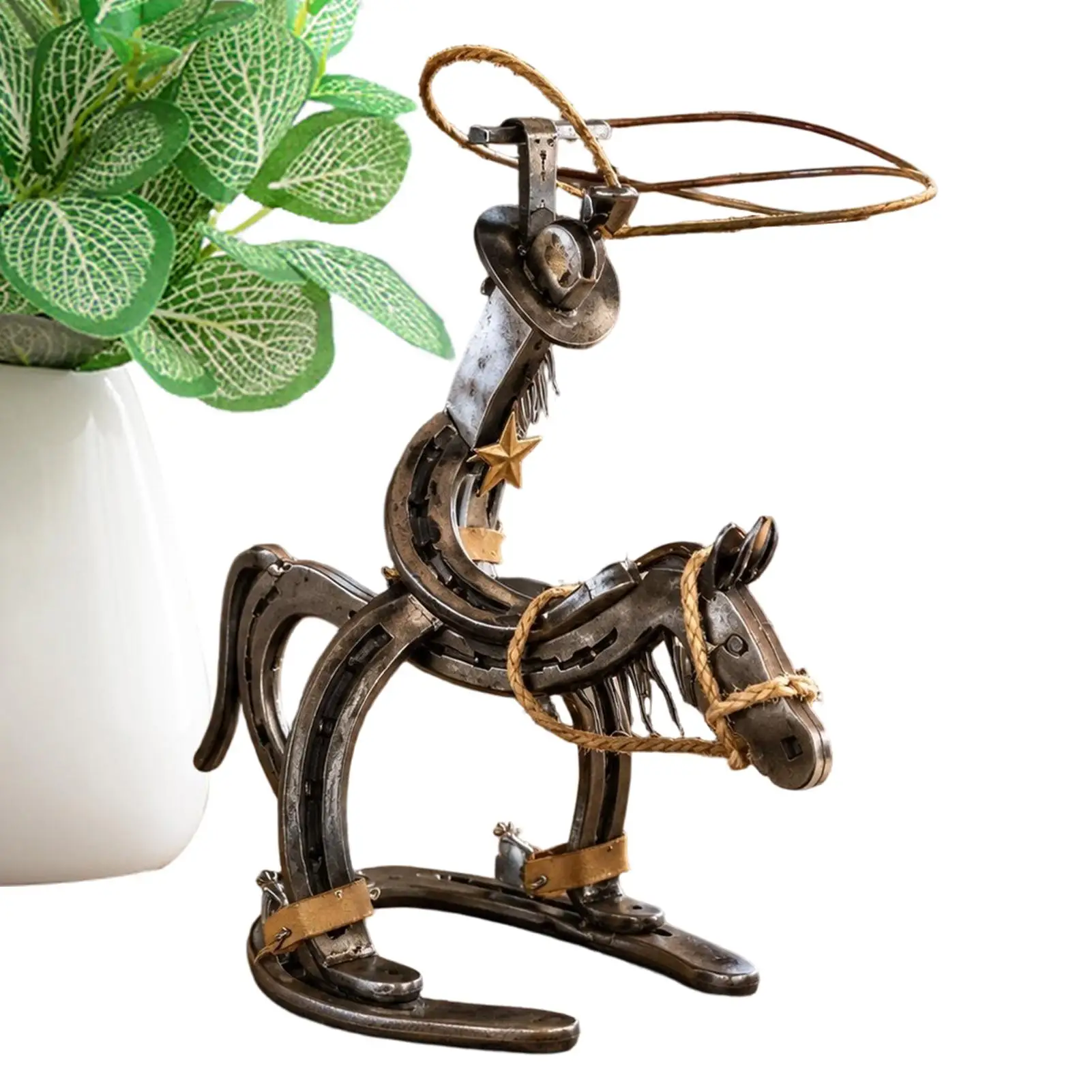 Western Figurines Rustic Iron Handmade Horse Sculpture Ornament Rustic Iron Cowboy Pony Statue For Office Home Centerpiece