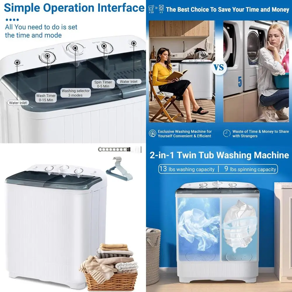 

Компактная портативная стиральная машина с двумя баками, загрузка 13 фунтов, отжим 9 фунтов, идеально подходит для квартир, общежитий, автодомов, кемпинга.