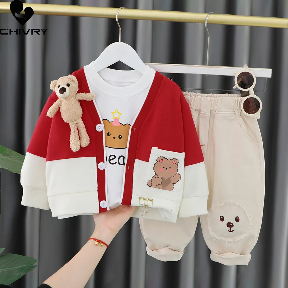 Neue Kinder Baby Herbst Mode Cartoon Bär Strickjacken Pullover Sweatshirt mit Hosen Jungen Mädchen Mode dreiteilige Kleidung Sets