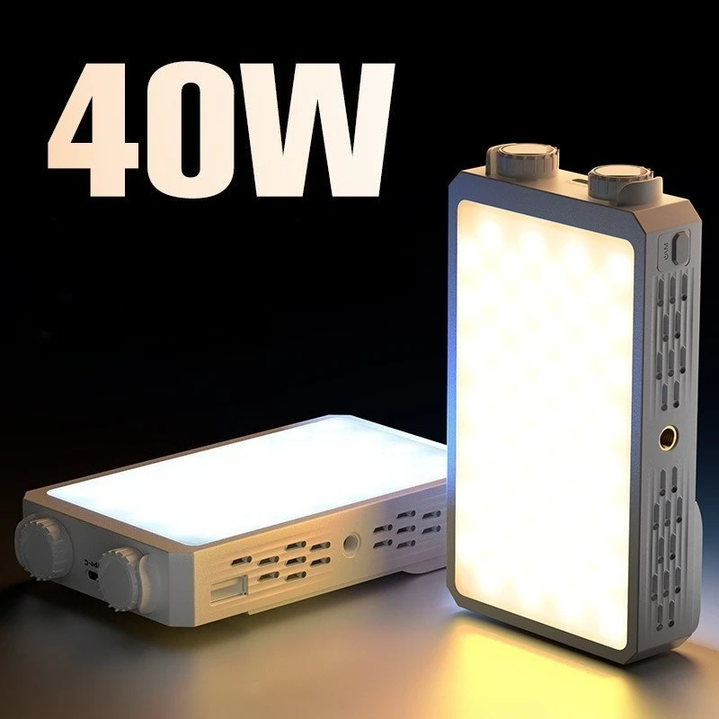 

Портативный светодиодный светильник для видеосъемки 40 Вт, 2500–9000 К, мини-портативный светильник с контролем температуры, встроенная аккумуляторная батарея, зарядка PD