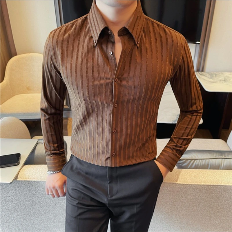 Autumn Winter Men's Long Sleeved Shirt Pointed Collar Striped Casual Business Dress Shirt Men Slim Elastic Non Ironing Shirts