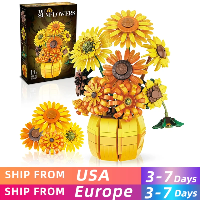 1009PCS Sunflower Building Blocks Flower Bouquet Vase Model Bricks Set Creative Home Decoration Children DIY Toys Holiday Gifts