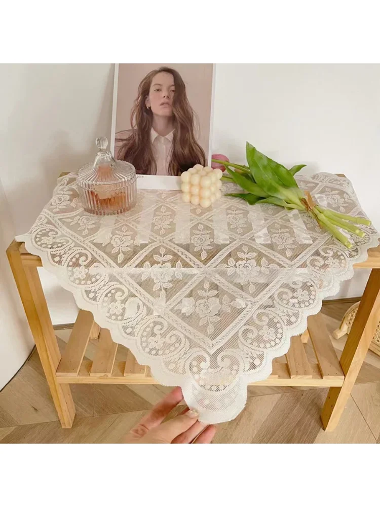 One Antique Embroidered Lace Tablecloth - Solid Color Elegant Flower Cut Process Polyester Square Tablecloth, 100% Polyester