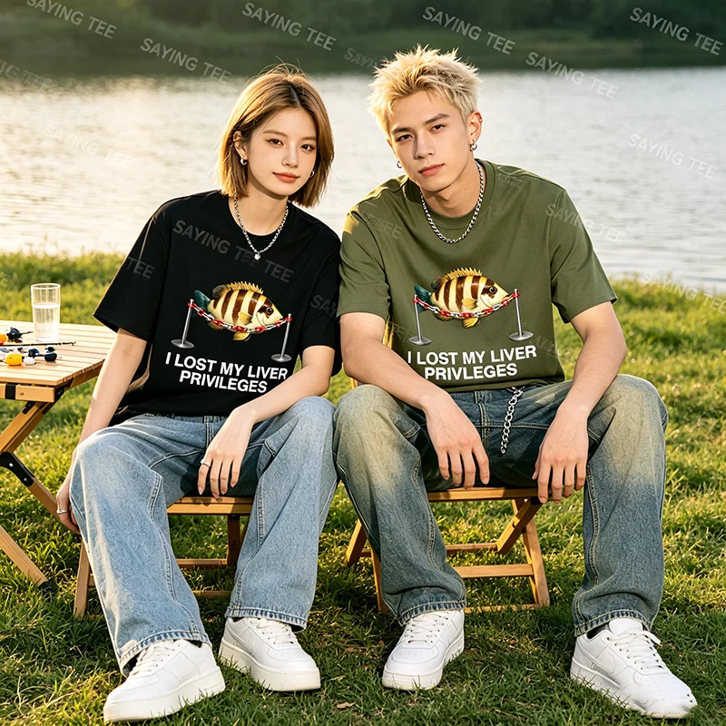 I Lost My Liver Privileges Fish Funny Unhinged Drinking Meme Y2K T-Shirt Humor Fishermen Outdoor Aesthetic Clothes Fishing Tee