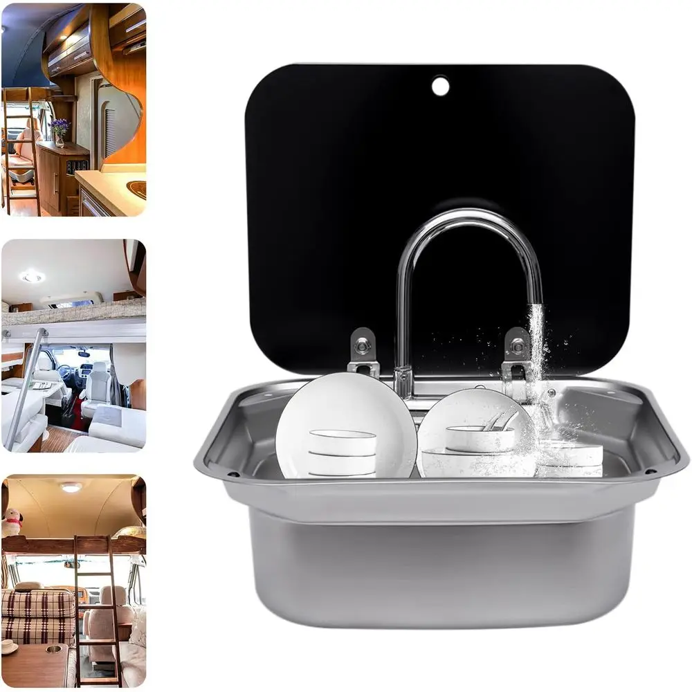 Caravan or Boat Stainless Steel Hand Wash Basin Sink with Folded Faucet Tempered Glass Lid for RV Caravan Camper Trailer Accesso