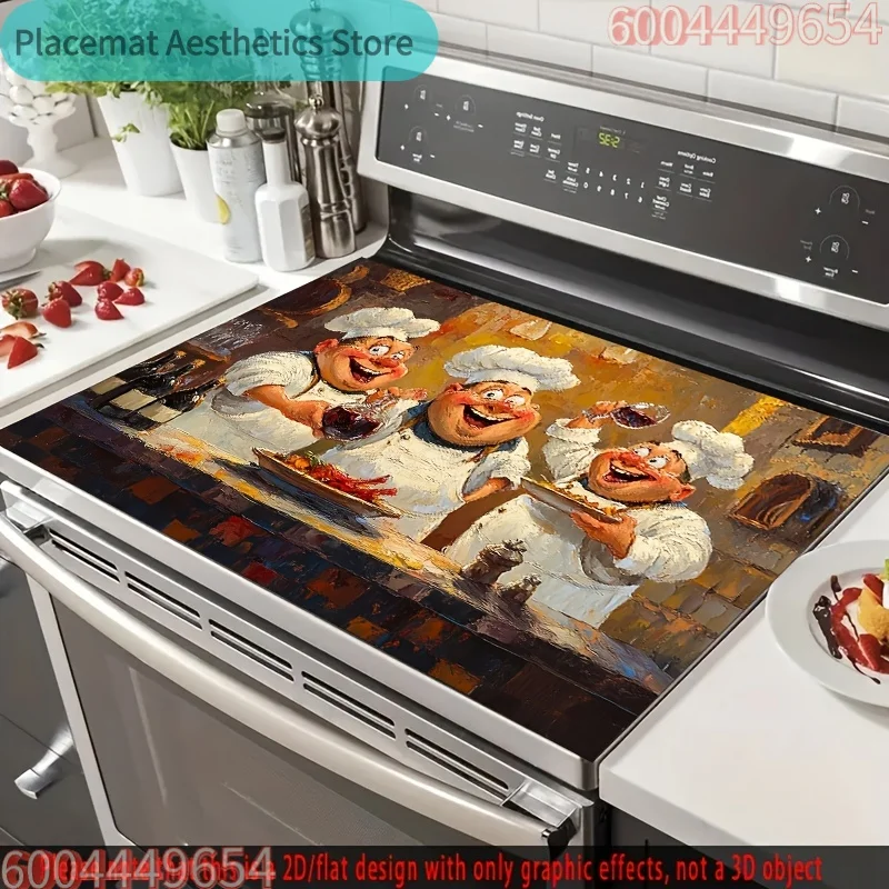2D Flat Stove Top Protector with Happy Chef and Food Pattern – Scratch & Heat Resistant for Electric Glass Cooktops