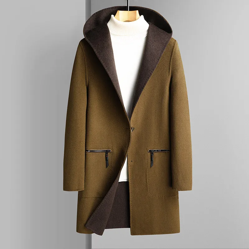 

Cozy Luxury Men Wool Hooded Overcoat Reversible Two-Sided Style Coats Soft Warm Effortless Attire Fall Winter Garment Elegant