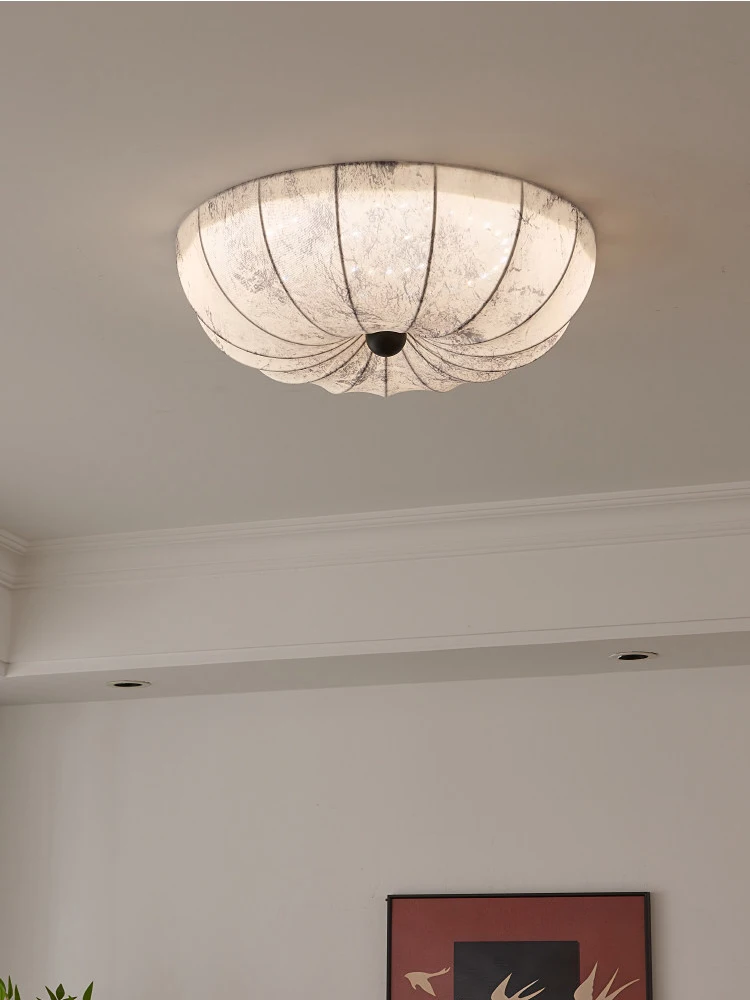 French Style Pleated Fabric Ceiling Light Vintage Textured Cloth Shade With Wood Center Flush Mount Lamp For Bedroom Living Room