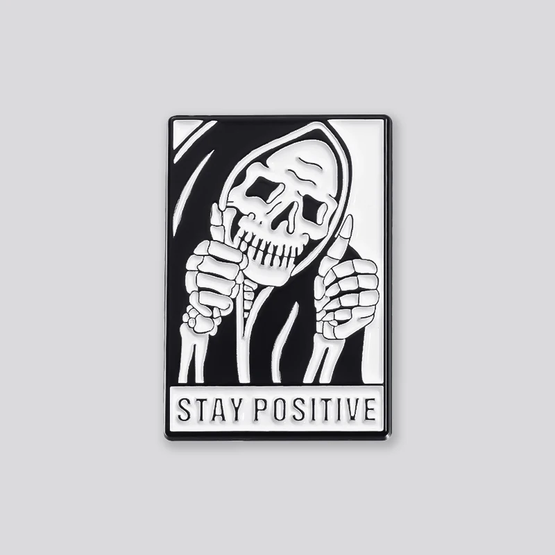 Punk Skull Letters Stay Positive Enamel Metal Funny Lapel Pin Brooch Badge Backpack Clothing Jewelry Gift for Kids Friends