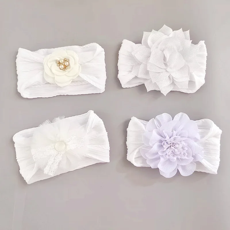 Baby White Flower Nylon Headband Newborn Wide Twist Print Chiffon Flower Bow Jacquard Headbands Princess Diamond Pearl Headwear